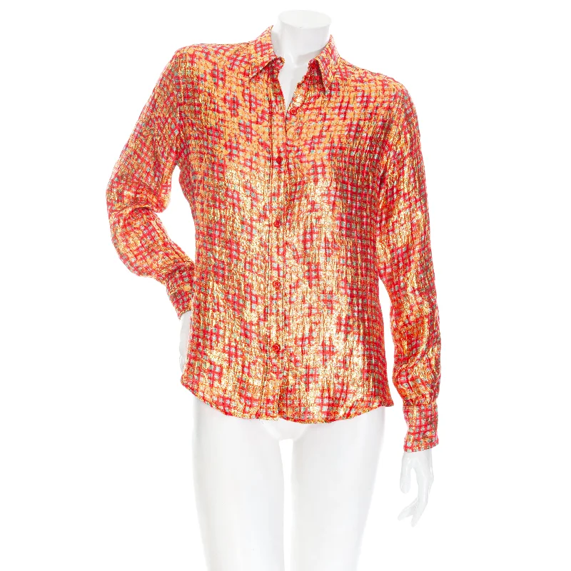 Vintage Red Silk and Gold Lurex Checkered BlouseSheer Shirts