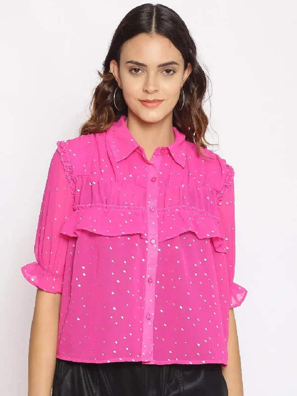 Pink Foil Print Frilled ShirtYoga Shirts