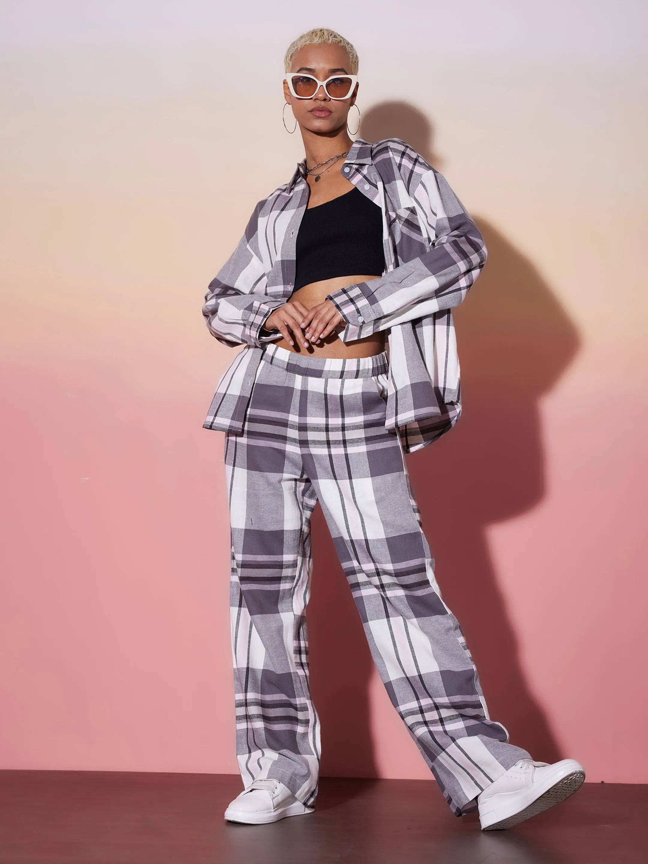 Women White & Grey Check Shirt With Lounge PantsEmbellished Shirts