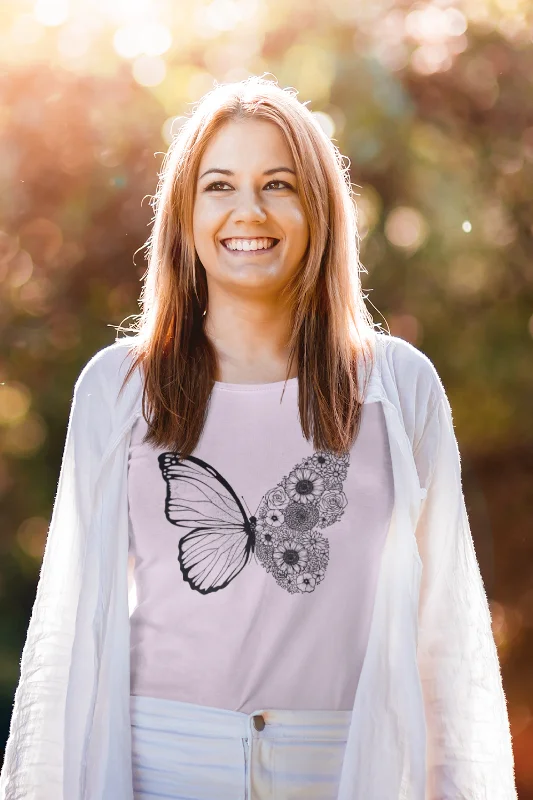 Floral Butterfly Printed Scoop Neck T-shirt for womenBoat Neck T-Shirts