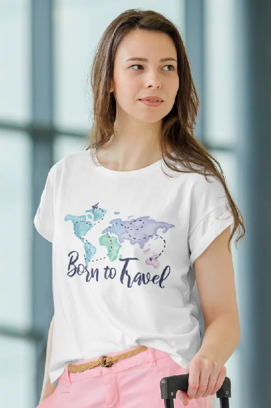 Born To Travel White Printed Scoop Neck T-shirt for womenSilk T-Shirts