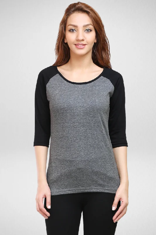 Black Charcoal Melange Raglan Sleeve T-shirt for womenButton-Up T-Shirts