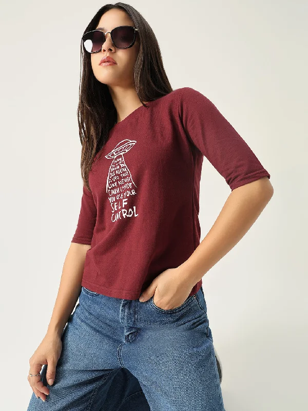 Women Graphic Burgundy T ShirtLace-Up T-Shirts