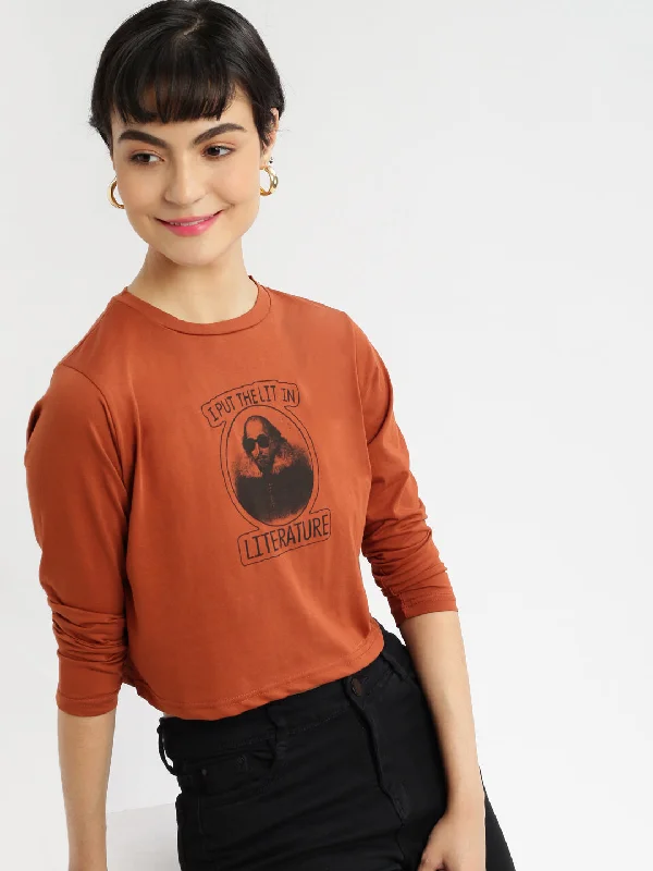 Women Round Neck Brown Printed T ShirtQuick-Dry T-Shirts