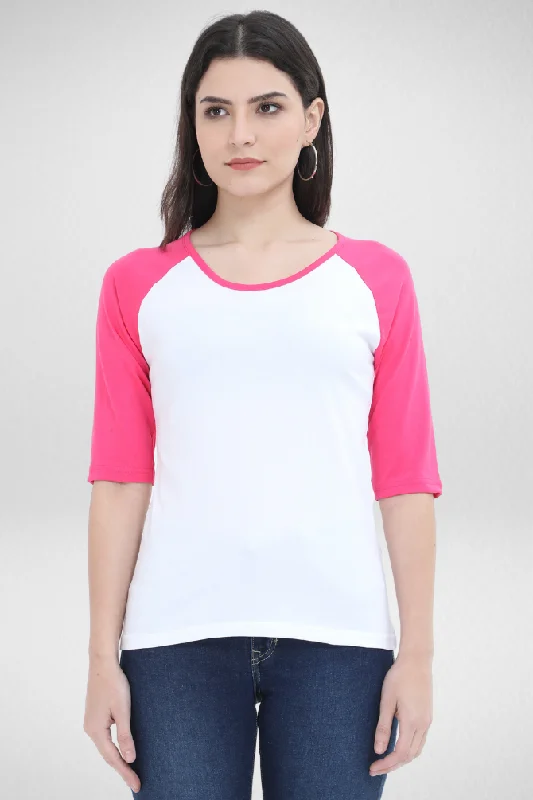 Pink White Raglan Sleeve T-shirt for womenRetro T-Shirts