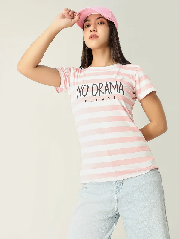 Women Striped Peach T ShirtCrewneck T-Shirts