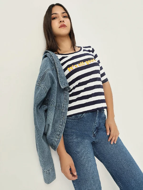 Women Striped Navy Blue T ShirtCasual T-Shirts