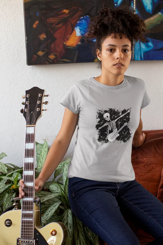 Dabbing Guitarist Skeleton Printed T-shirt for womenLeather-Paneled T-Shirts