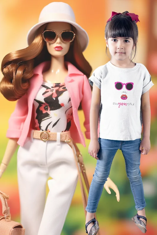 Barbie White Printed T-shirt for girlScoop Neck T-Shirts