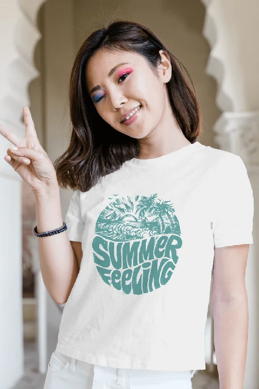 Summer Feeling White Printed T-shirt for womenCotton T-Shirts