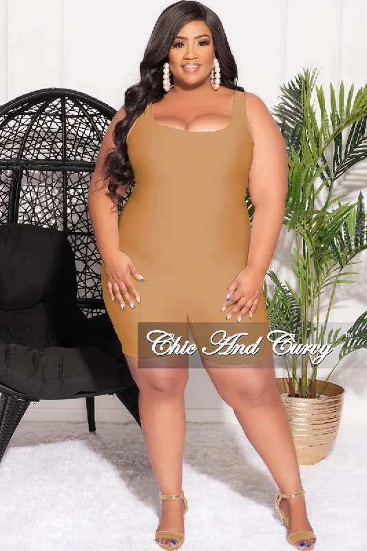 Final Sale Plus Size Sleeveless Spandex Romper in TanLarge women's windproof tops