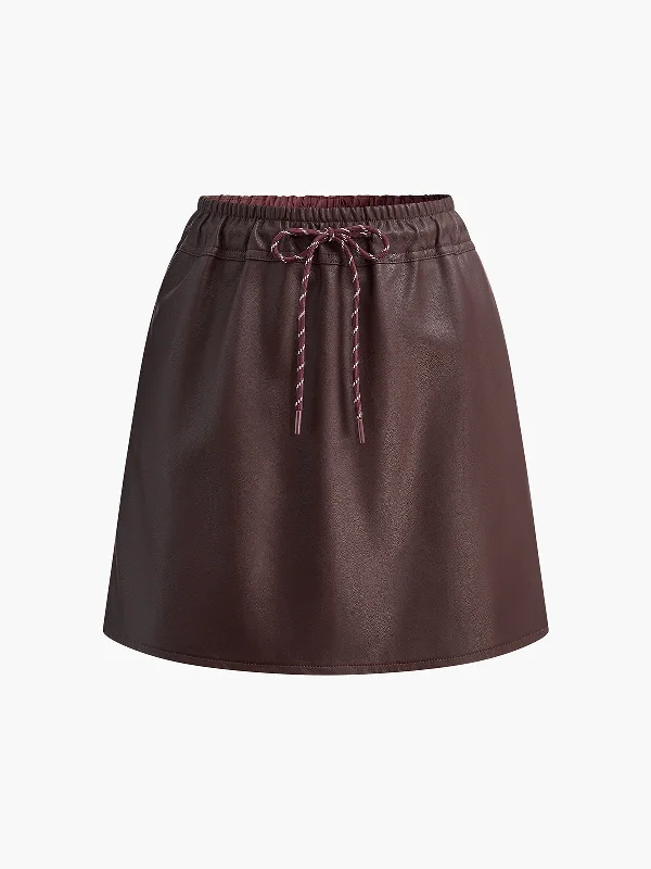 Drawstring Faux Leather SkirtDivided Skirt