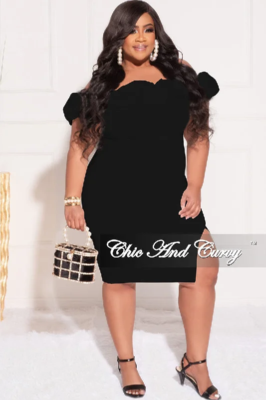 Final Sale Plus Size Off the Shoulder Ruffle BodyCon Dress with Side Slit in BlackFashionable plus size women's tops