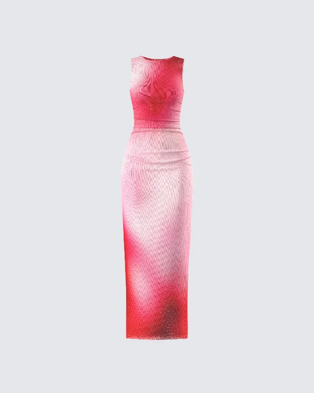 Aldina Red Print Mesh Maxi DressStrapless Dress