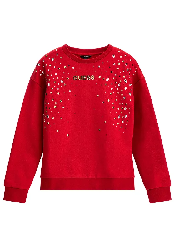 Guess Girls Embellished Long Sleeve Sweater, RedRibbed Cuff Knit Tops