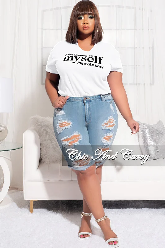 Final Sale Plus Size Short Sleeve I Was Sleeping On Myself I'm Woke Now T-Shirt in WhiteWomen's outdoor tops