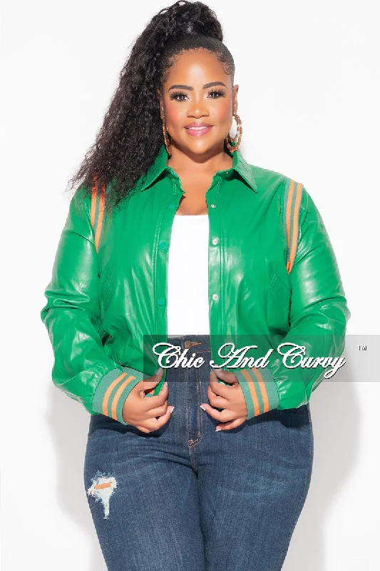 Final Sale Plus Size Faux Leather Varsity Jacket in Green and OrangePlus size women's V-neck tops