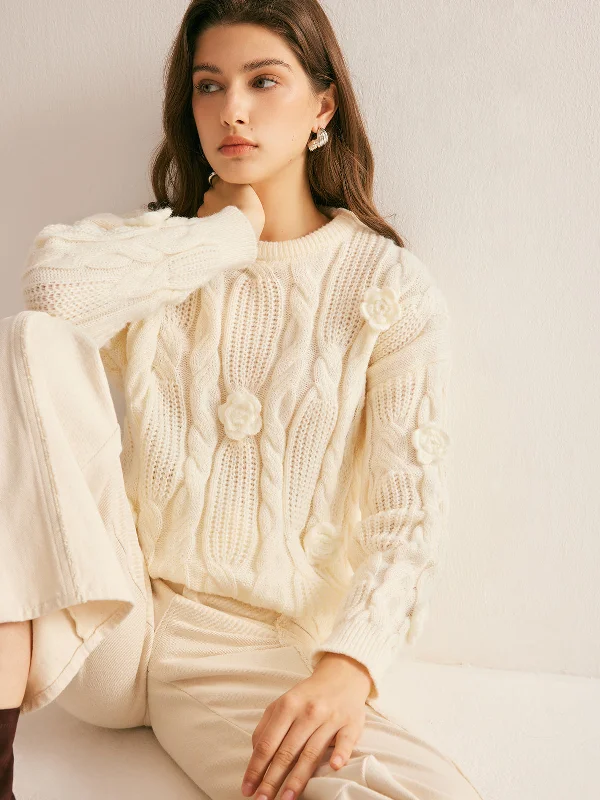 3D Flower Cable-Knit Pullover SweaterSheer Knit Tops