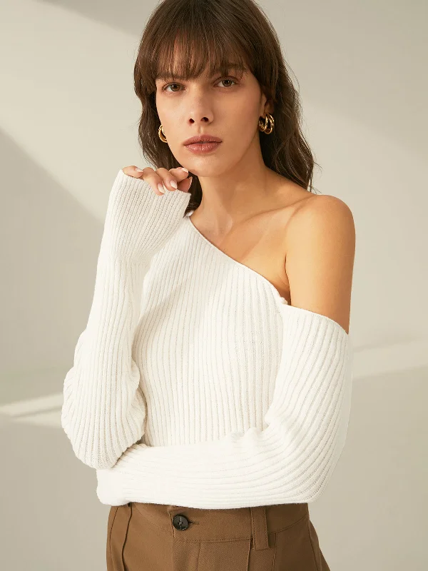 One Shoulder Long Sleeve Ribbed Pullover SweaterAcrylic Knit Tops