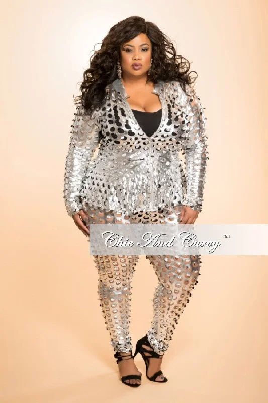 Final Sale Plus Size 2pc Jacket and Pant Set with Circle Laser Cutouts in Silver LiquidPlus size women's chiffon tops