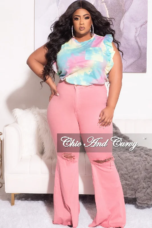 Final Sale Plus Size Ruffle Trim Pocket Patched Shirt in Rainbow Cloud PrintWomen's travel tops