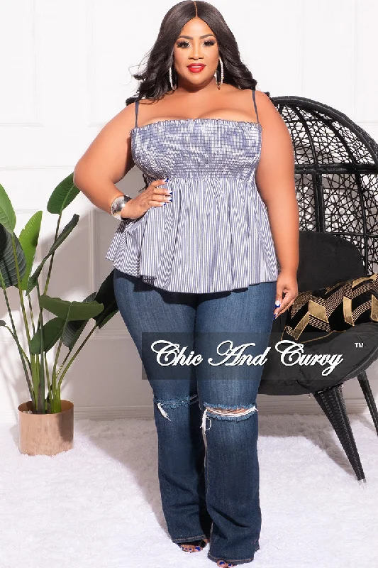 Final Sale Plus Size Spaghetti Strap Smocked Peplum Top in Grey and White Stripe PrintPlus size women's lace tops