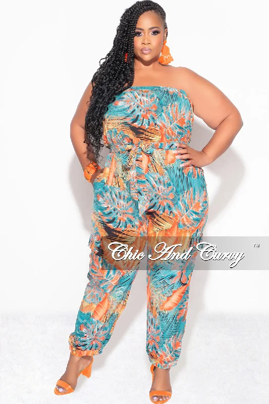 Final Sale Plus Size Strapless Jumpsuit with Tie in Turquoise & Orange PrintPlus size women's ruffle tops