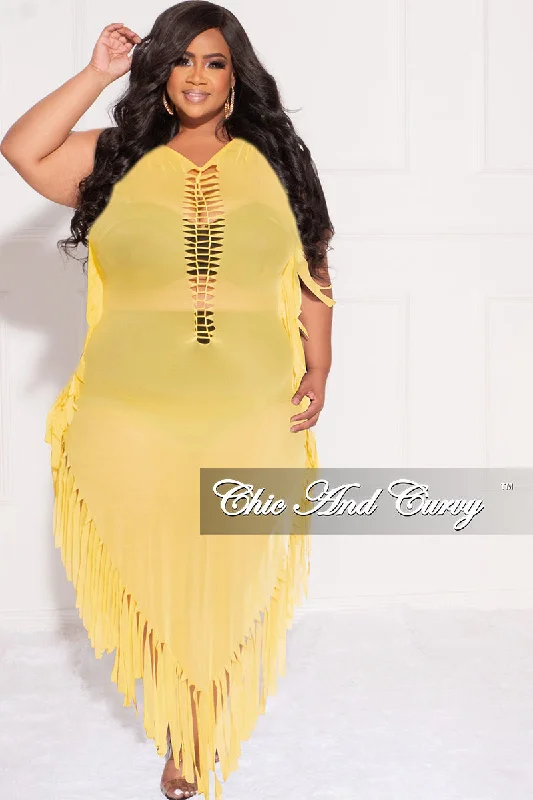 Final Sale Plus Size Mesh Cover-Up Dress with Cutout Front and Fringe Trim in YellowLarge women's long tops