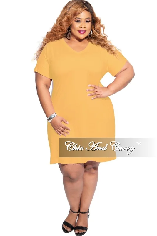 Final Sale Plus Size Rolled Sleeve V-Neck Dress in MustardWomen's party tops