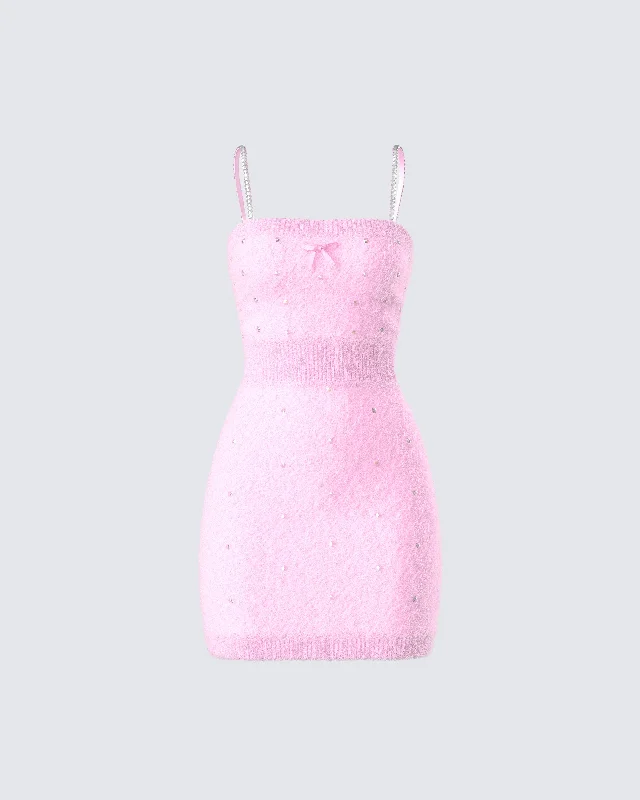 Adi Pink Fuzzy Knit Mini DressOff-the-shoulder Dress