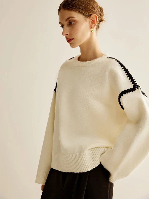 Minimalist Embroidered Trim SweaterHigh-Fashion Knit Tops