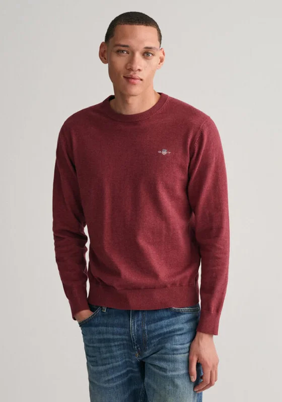 Gant Classic Cotton Crew Neck Sweater, Bordeaux MelangeLuxury Knit Tops