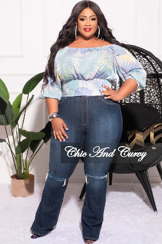 Final Sale Plus Size Drawstring Off the Shoulder Top in Soft Turquoise Leaf PrintWomen's designer tops