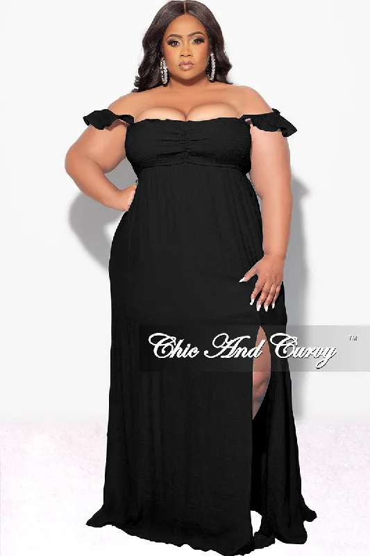 Final Sale Plus Size Off the Shoulder Smocked Maxi Dress in BlackPlus size women's solid color tops