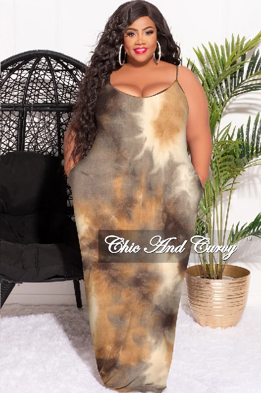 Final Sale Plus Size Spaghetti Strap Maxi Dress Brown Tie DyeWomen's autumn tops