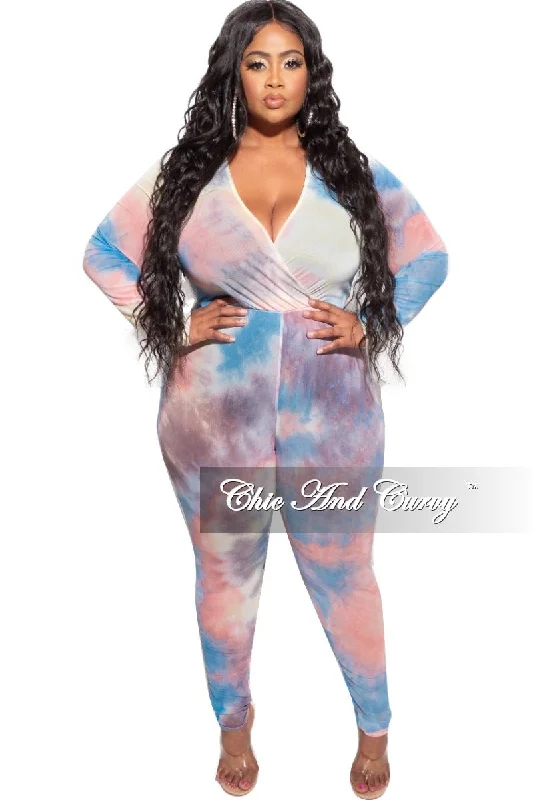 Final Sale Plus Size Faux Wrap Mesh Jumpsuit in Pink, Yellow and Blue Tie DyeWomen's autumn tops