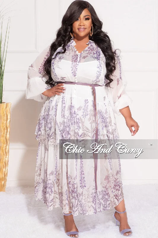 Final Sale Plus Size Chiffon Dress with Purple Lilac FlowersPlus size women's hollow tops