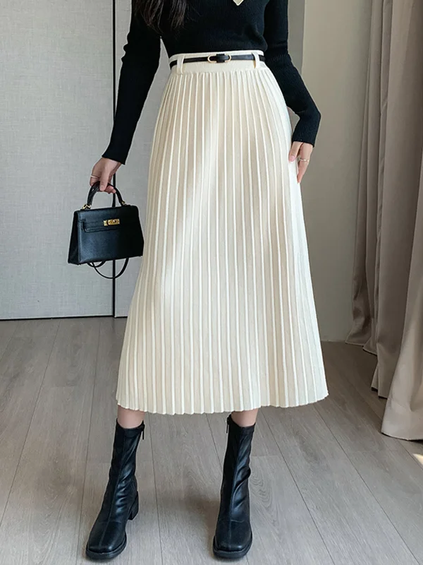 Pleated Sweater Skirt With BeltStreetwear Knit Tops