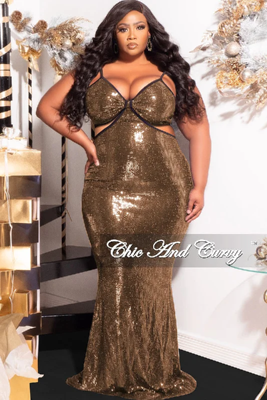 Final Sale Plus Size Spaghetti Strap Faux Sequin Gown with Cut Outs in GoldKnitted 