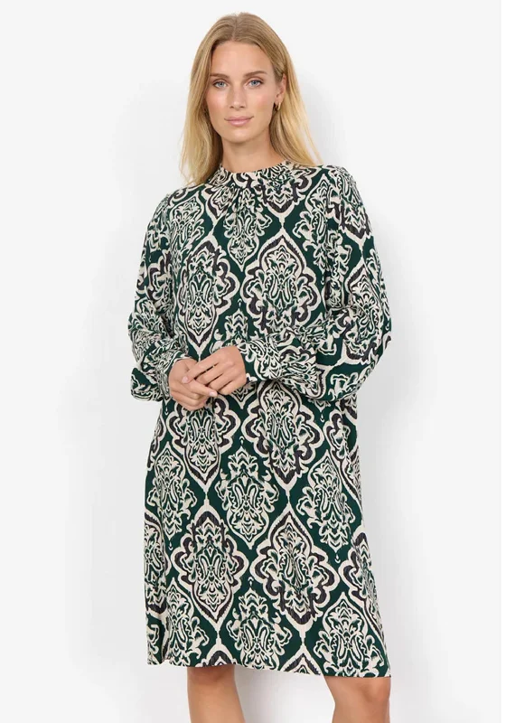 Soyaconcept Vernia Damask Knee Length Dress, Dark GreenEvening Dress