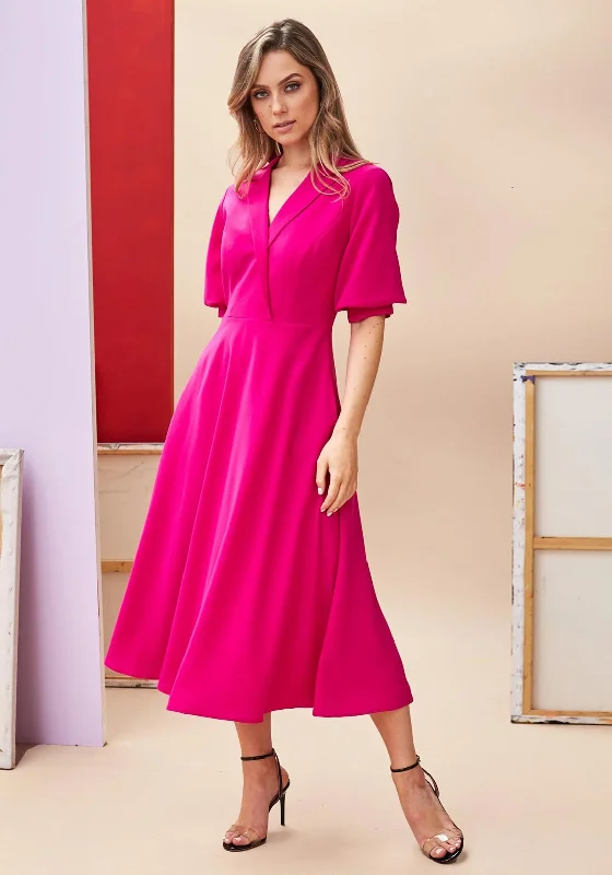 Kate Cooper Lapel Collar Puff Sleeve Dress, MagentaHigh-low Dress