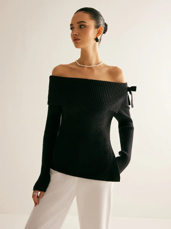 Off-Shoulder Ribbed Bow Slit SweaterEmbroidered Knit Tops