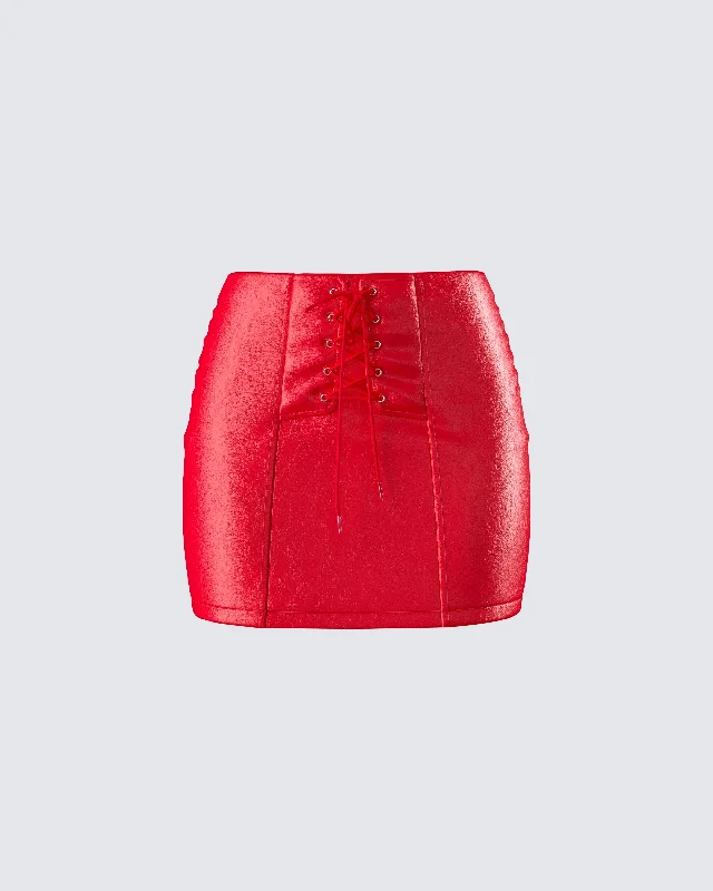 Lasita Red Vegan Leather Mini SkirtLace Skirt