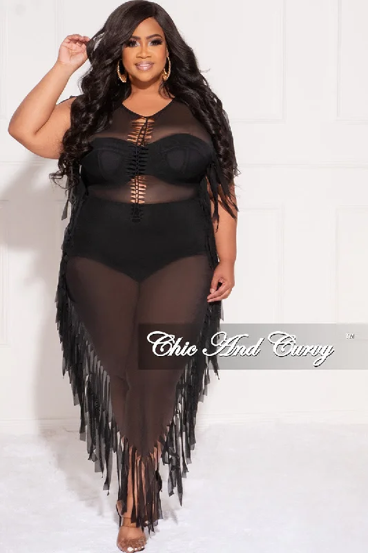 Final Sale Plus Size Mesh Cover-Up Dress with Cutout Front and Fringe Trim in BlackLarge women's belly-baring tops