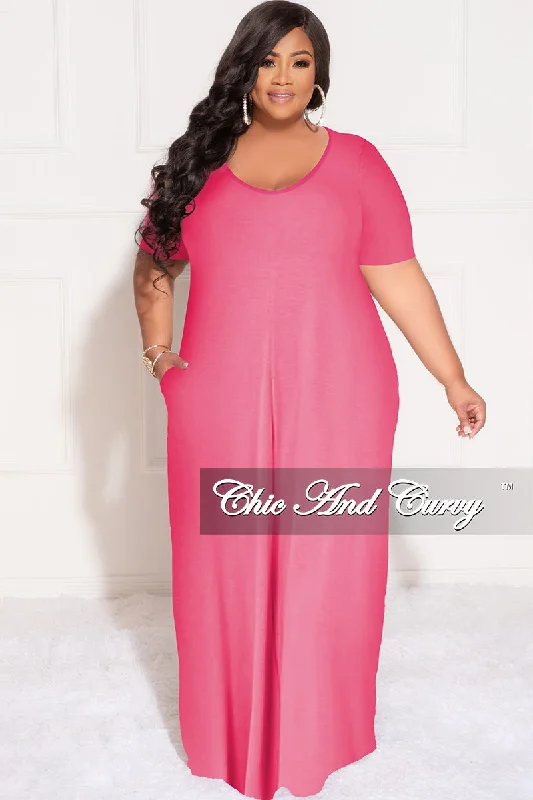 Final Sale Plus Size Short Sleeve Maxi Pocket Dress in FuchsiaWomen's spring tops