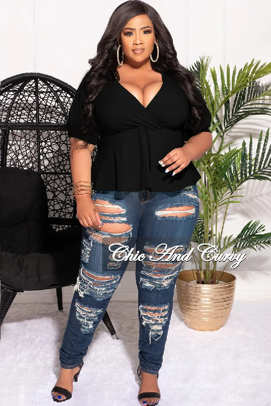 Final Sale Plus Size Techno Crepe  Peplum Top with 3/4 Sleeves in BlackLarge women's cropped tops