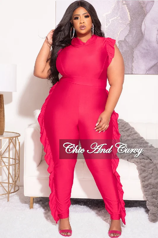 Final Sale Plus Size Jumpsuit with Ruffle Trim and Back Zipper in FuchsiaPlus size women's off-the-shoulder tops