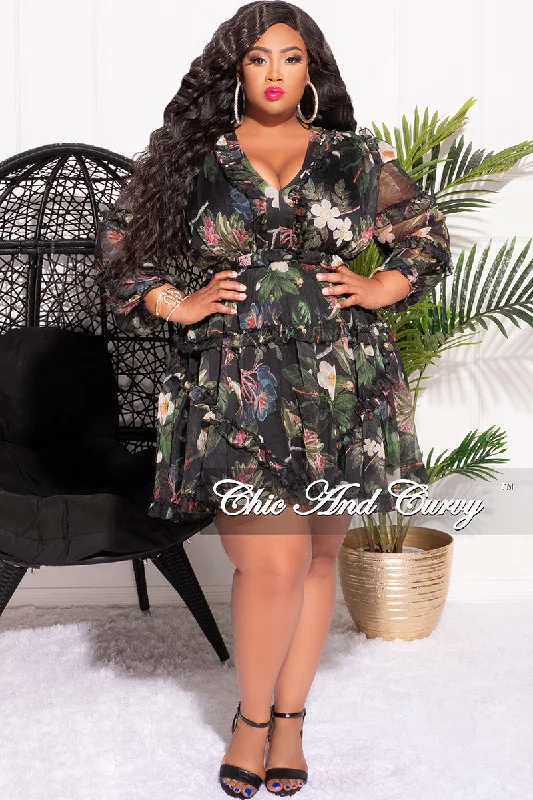 Final Sale Plus Size Chiffon Babydoll Dress Forest Floral PrintLarge women's warm tops