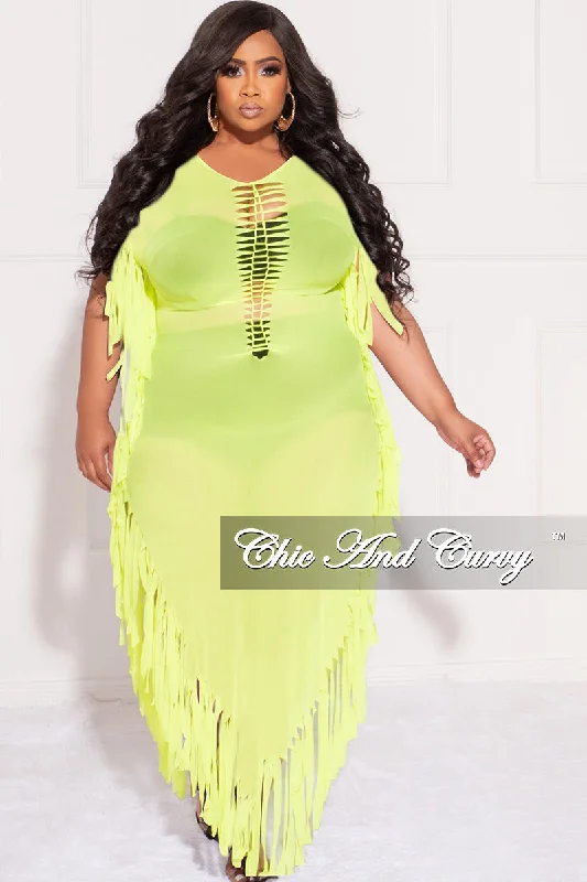 Final Sale Plus Size Mesh Cover-Up Dress with Cutout Front and Fringe Trim in Neon GreenLarge women's loose tops