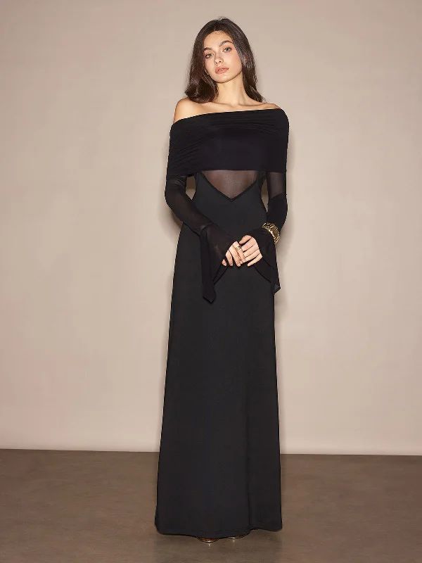 Off-Shoulder Sheer Panel DressUniform Dress